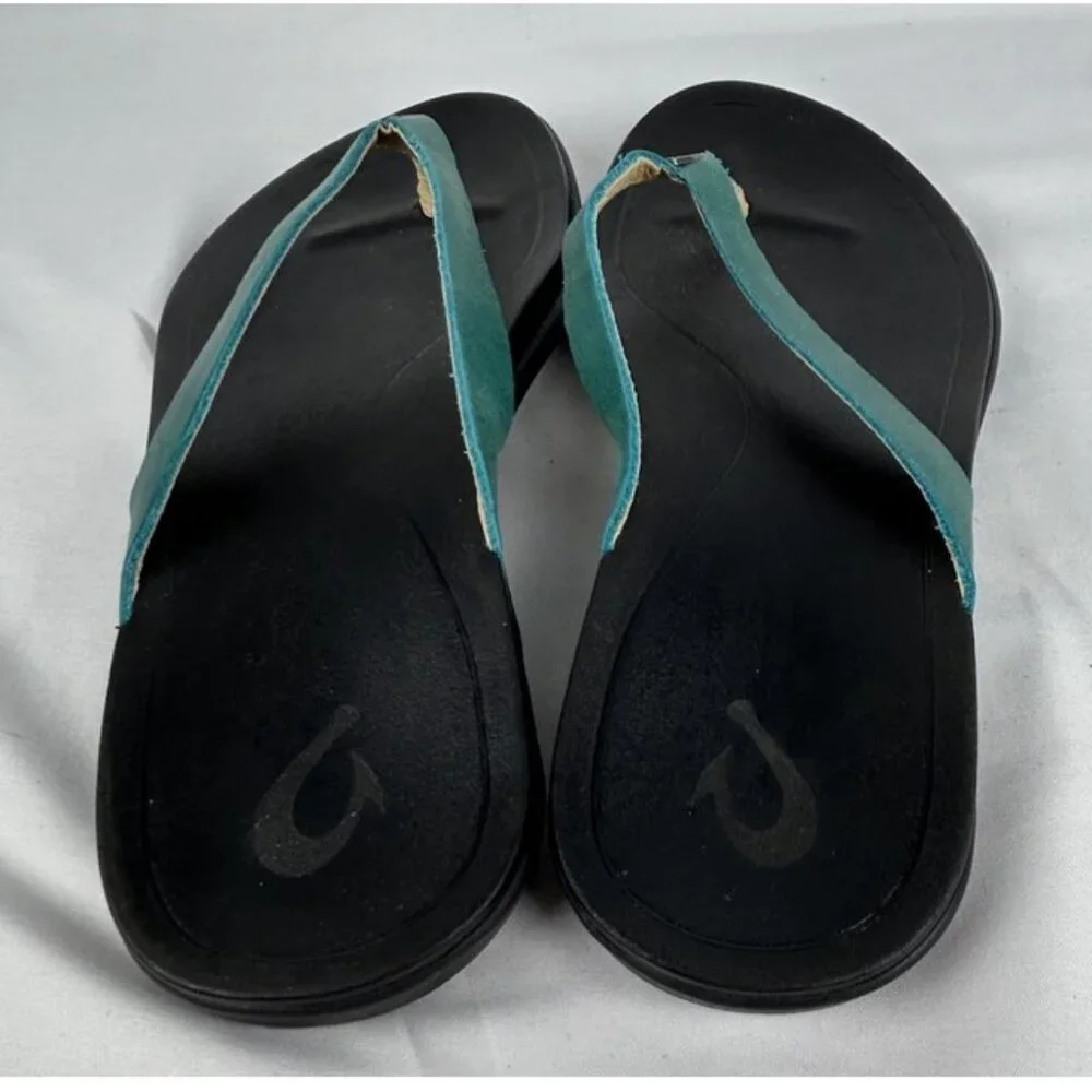 Olukai Ho'Opio Turquoise Black Leather Flip Flops Thongs Sandals Womens 7 - Picture 5 of 5